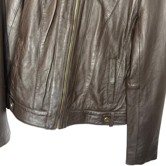 Cole Haan Lambskin Leather Moto Jacket Brown Gold Hardware Small - Picture 10 of 13